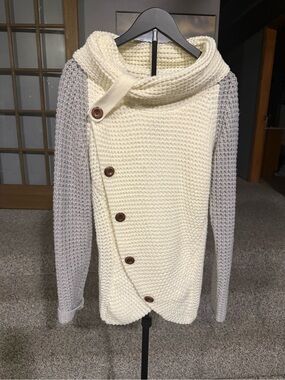 Cowl Neck Casual Button Detail Asymmetric Hem Wrap Sweater
